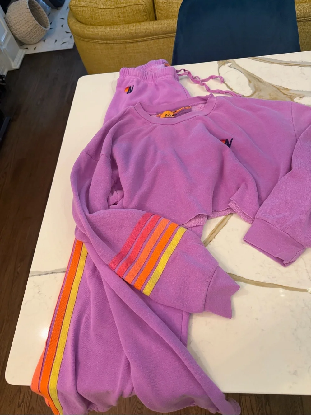 Aviator Nation Lavender Fleece Pajama Set with Orange and Yellow Stripes